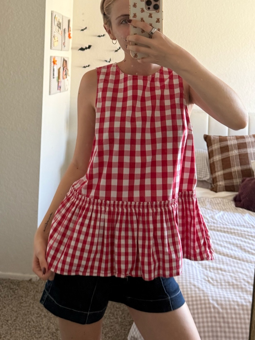 Red Gingham Peplum Sleeveless Top - Women